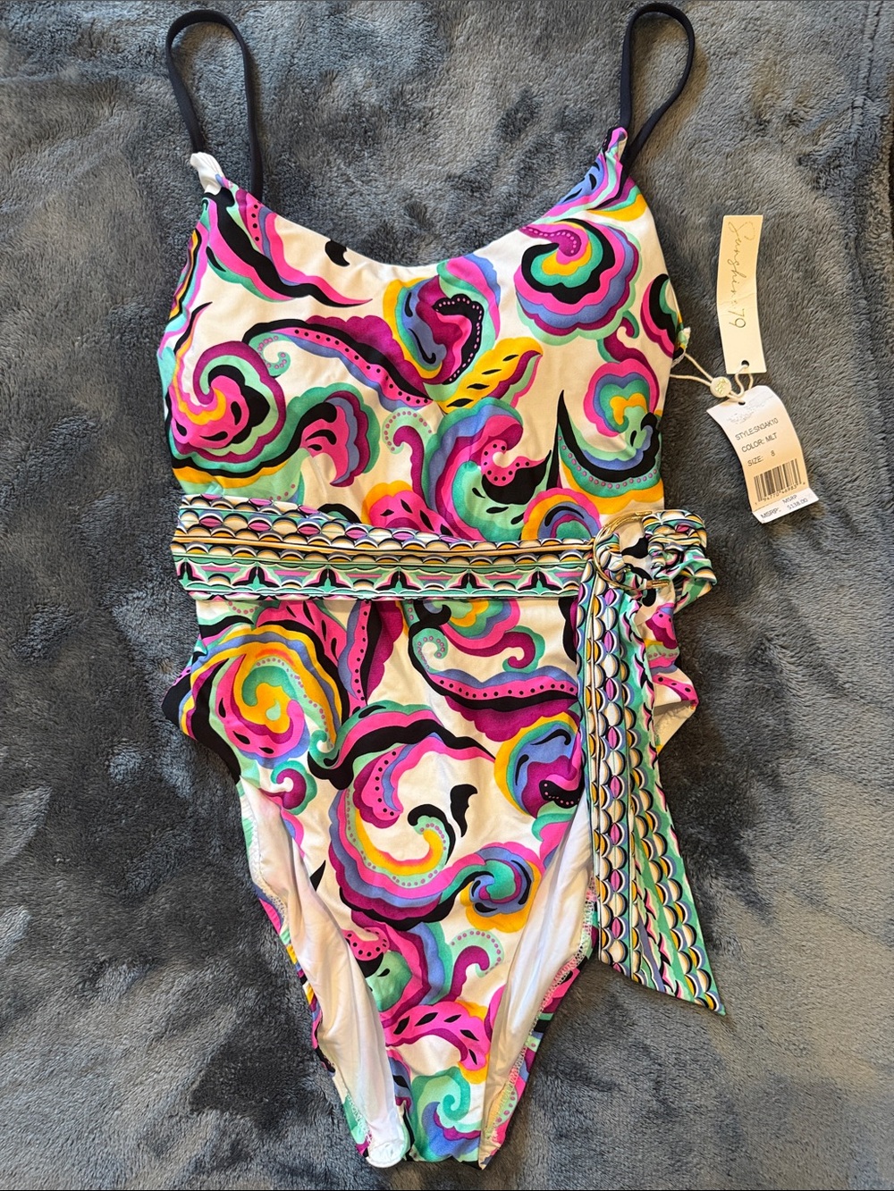 NWT Multicolor Swirl Tie-Belt One-Piece Swimsuit - Sunshine 79